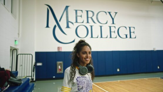 Mercy College career girl in gym uses DCW Media Buyers for advertising